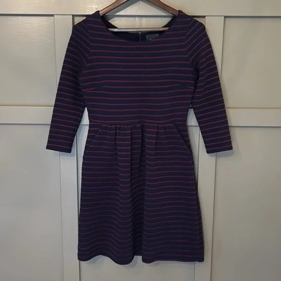 Anthropologie Maeve Brenna Dress Fit & Flare Navy Red Stripes Pockets Size 4 - Picture 4 of 12